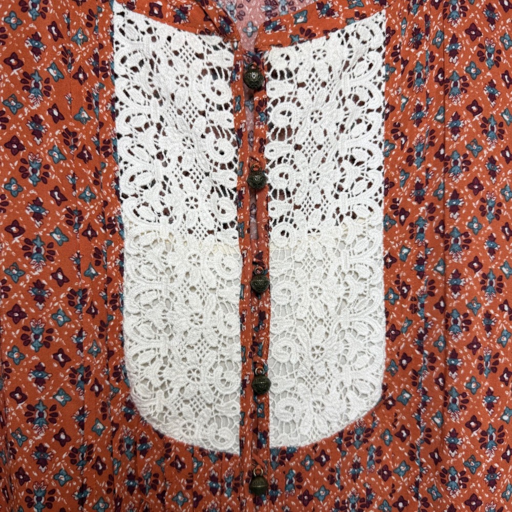 Maeve Anthropologie Mixed Print Blouse Sz 4 Orange Lace Bib Boho Ruffle Peasant - Picture 7 of 14